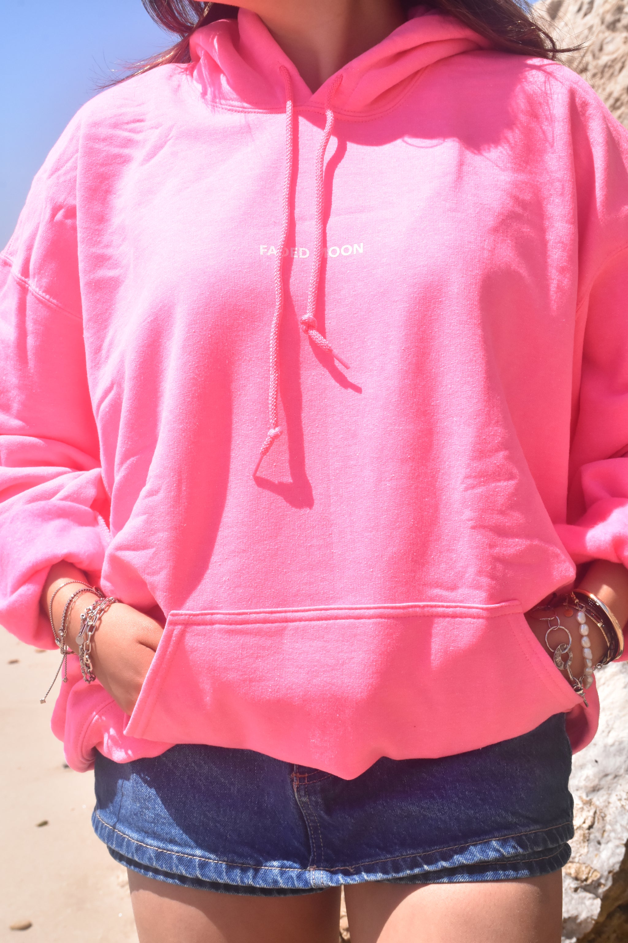 Under The Same Moon Hoodie- Safety Pink – Faded Moon